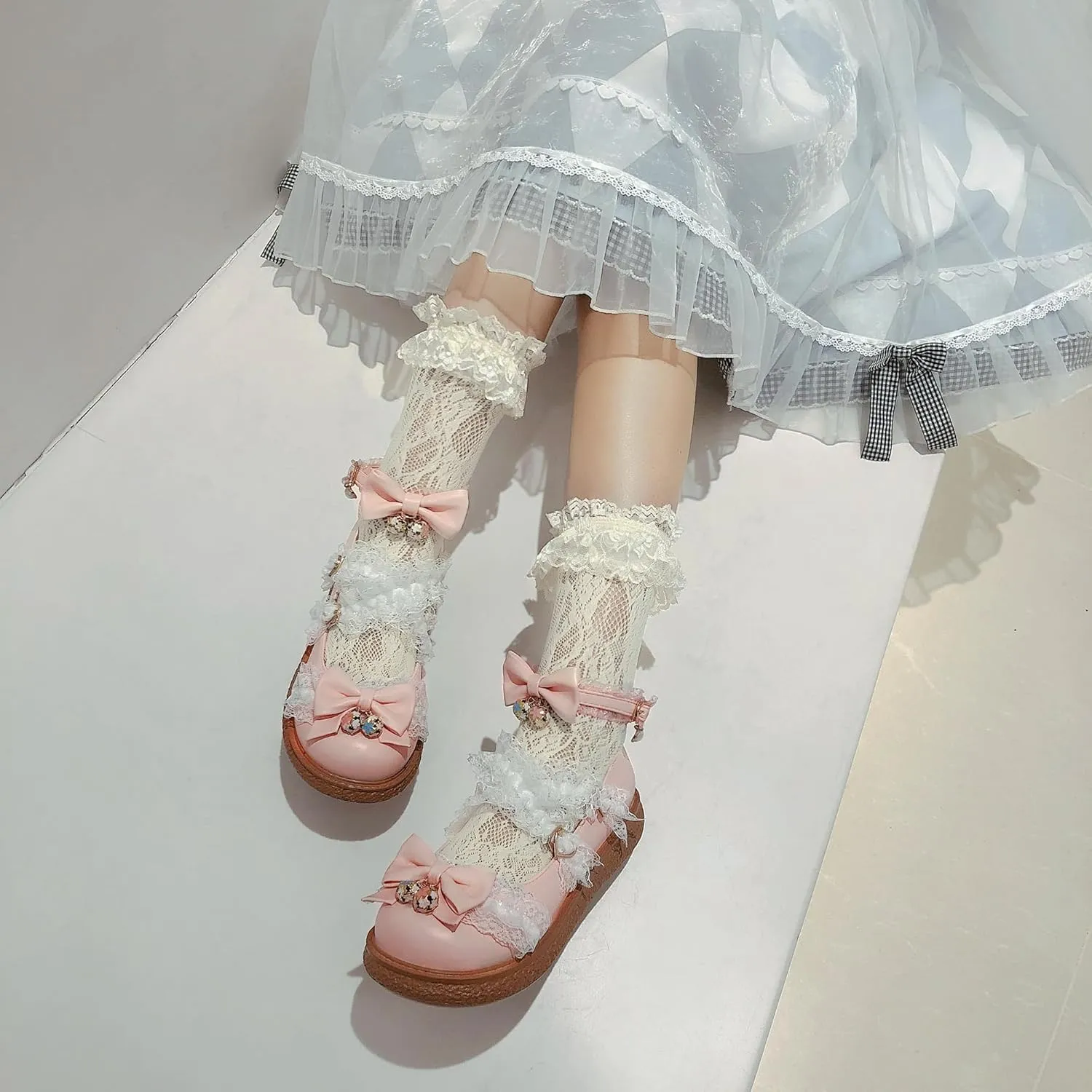 Women's Kawaii Low Wedge Heel Mary Jane Platform Lolita Shoes, Cute Round Toe Ankle Strap Buckle Mary Jane Flats, Sweet Dress Uniform Cosplay School Shoes with Bow