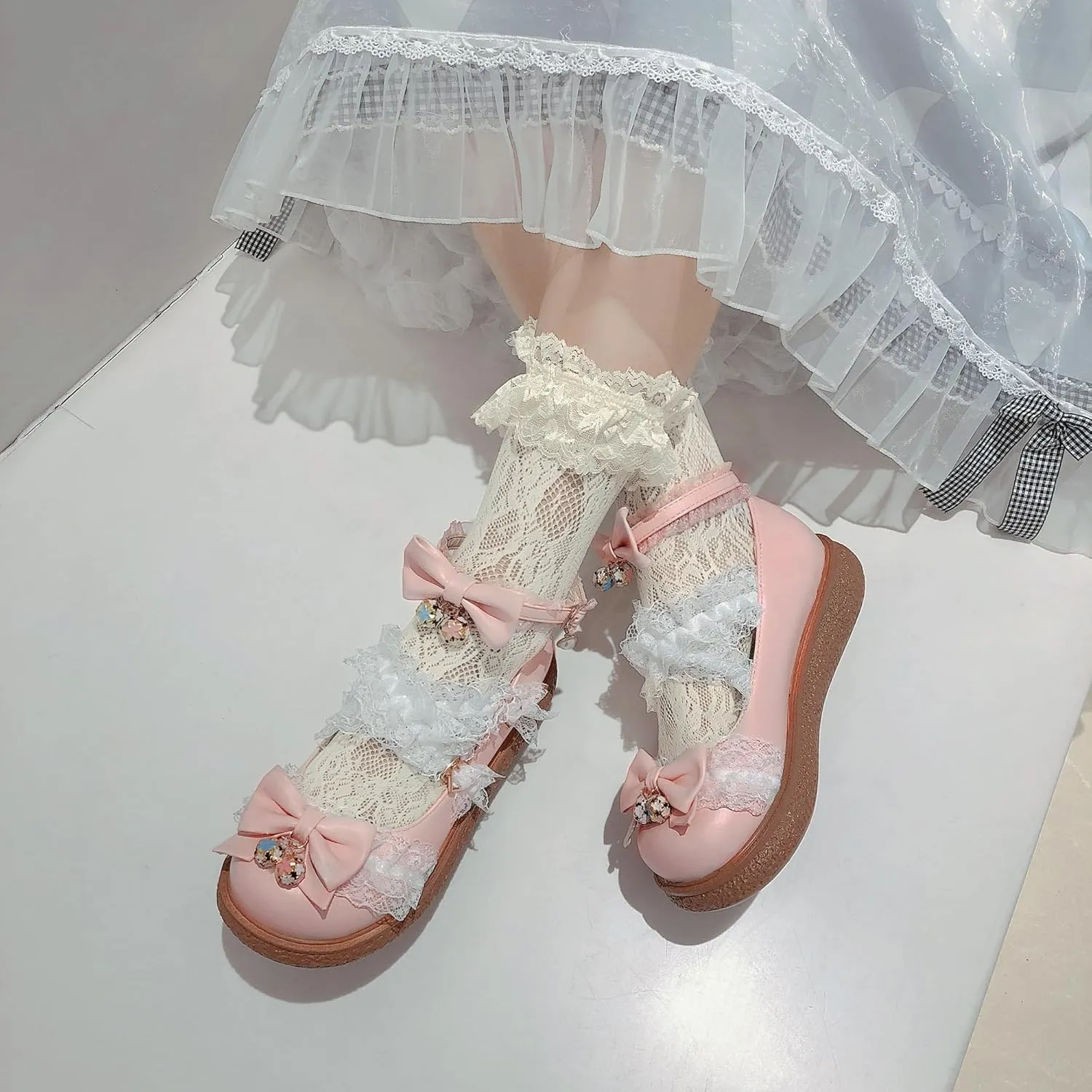 Women's Kawaii Low Wedge Heel Mary Jane Platform Lolita Shoes, Cute Round Toe Ankle Strap Buckle Mary Jane Flats, Sweet Dress Uniform Cosplay School Shoes with Bow