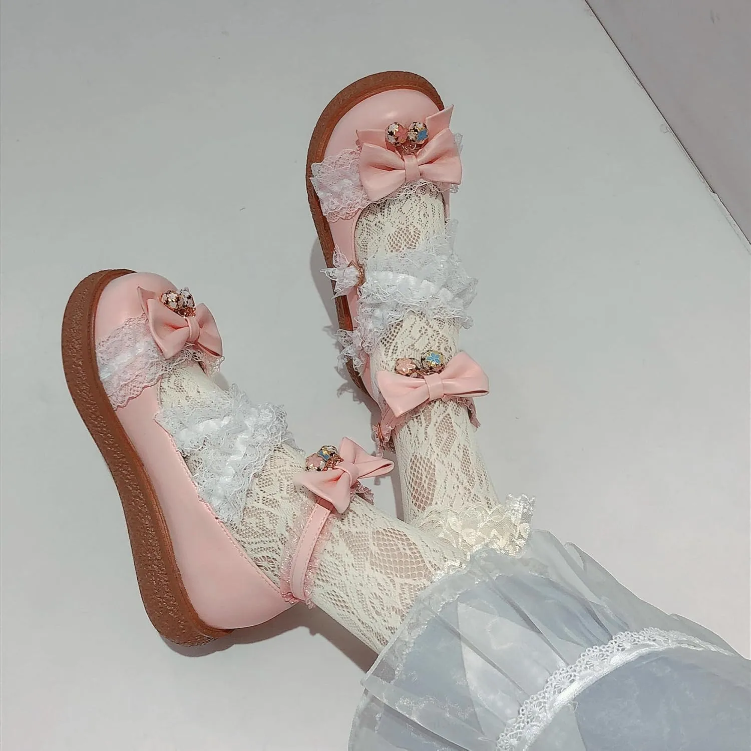 Women's Kawaii Low Wedge Heel Mary Jane Platform Lolita Shoes, Cute Round Toe Ankle Strap Buckle Mary Jane Flats, Sweet Dress Uniform Cosplay School Shoes with Bow