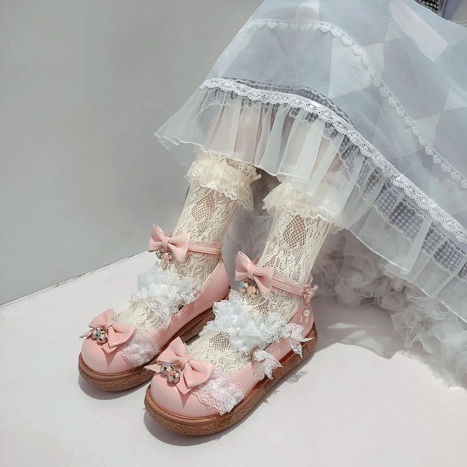 Women's Kawaii Low Wedge Heel Mary Jane Platform Lolita Shoes, Cute Round Toe Ankle Strap Buckle Mary Jane Flats, Sweet Dress Uniform Cosplay School Shoes with Bow