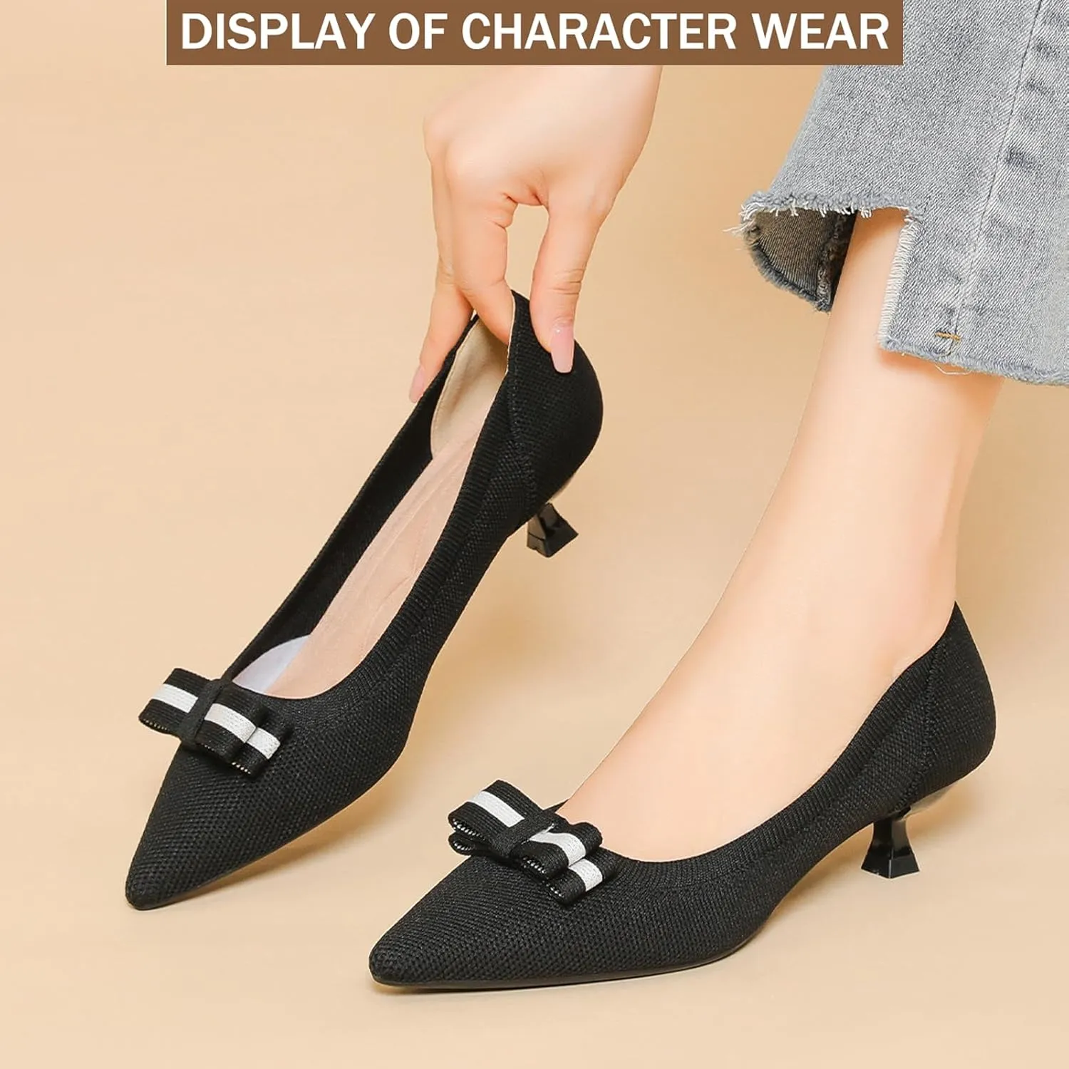 Women's Knit Kitten Heel Pumps Fashion Bow Decoration Closed Pointed Toe Slip On Low Heel Dress Shoe Summer Comfort Breathable Mesh Formal Pumps for Everyday Parties Evening Dates