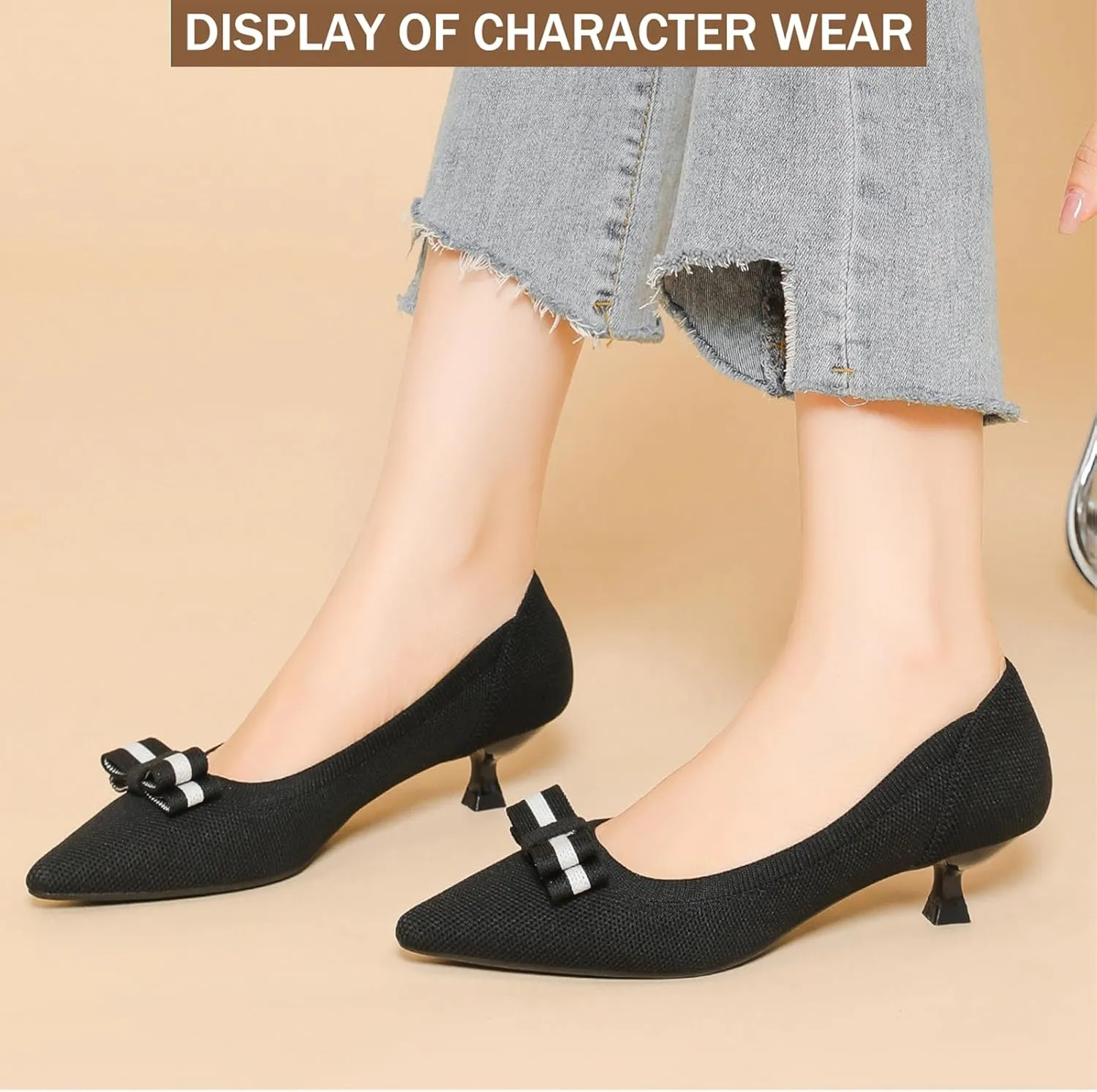 Women's Knit Kitten Heel Pumps Fashion Bow Decoration Closed Pointed Toe Slip On Low Heel Dress Shoe Summer Comfort Breathable Mesh Formal Pumps for Everyday Parties Evening Dates