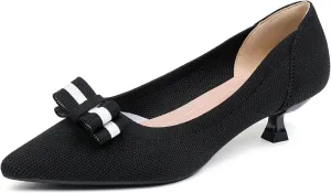 Women's Knit Kitten Heel Pumps Fashion Bow Decoration Closed Pointed Toe Slip On Low Heel Dress Shoe Summer Comfort Breathable Mesh Formal Pumps for Everyday Parties Evening Dates