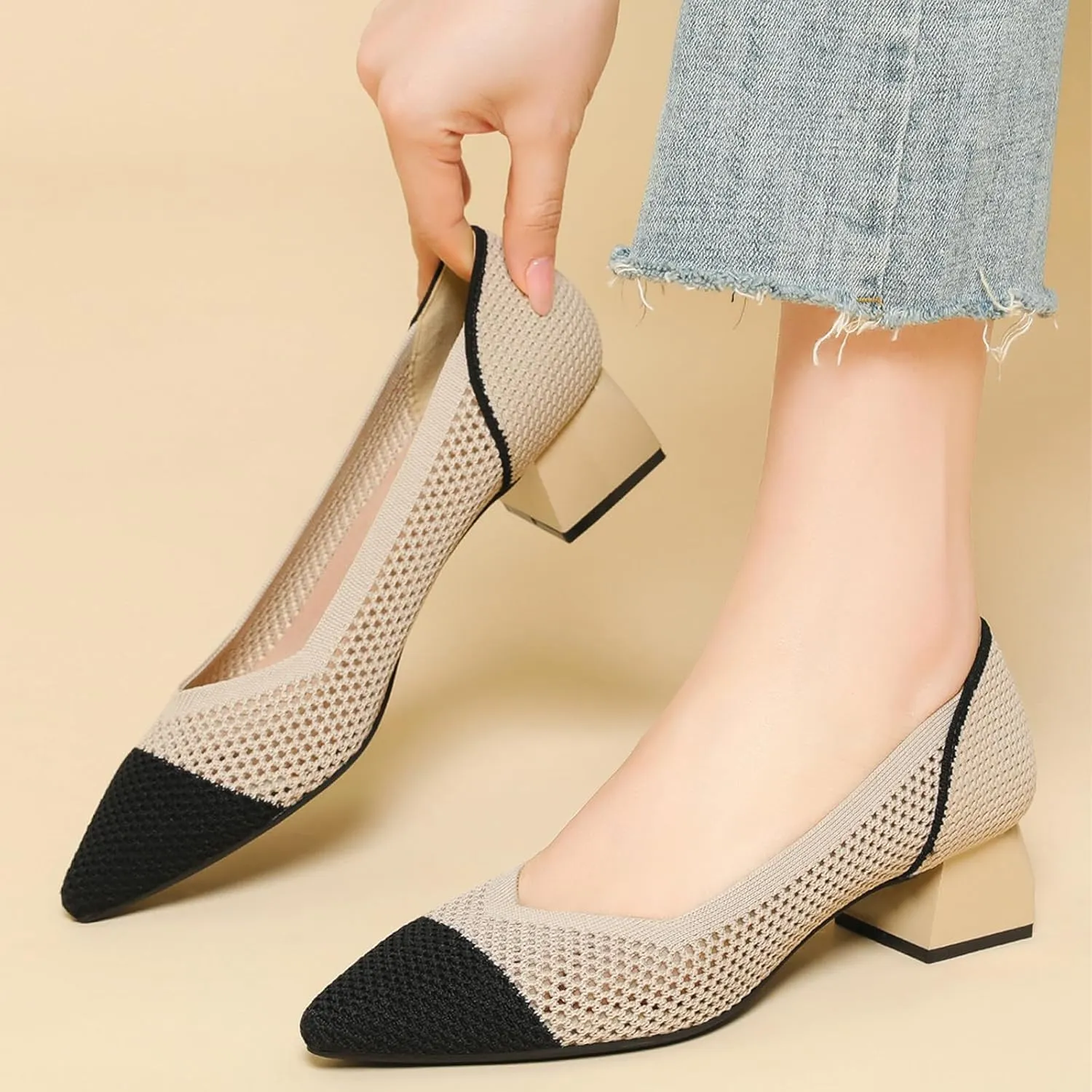 Women's Knit Mesh Block Heel Pumps Pointed Closed Toe Fashion Splicing Slip-On Pumps Outdoor Office Party Dress Shoes