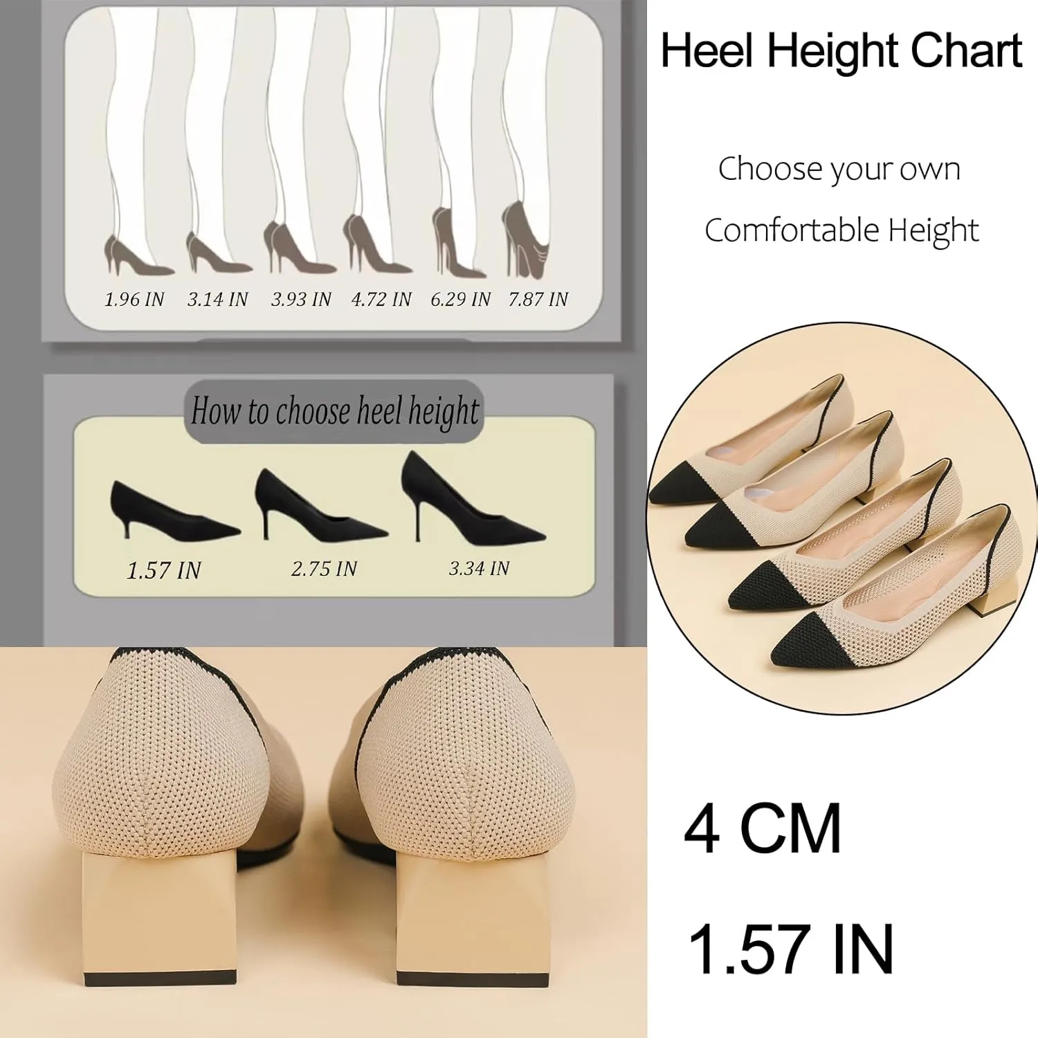 Women's Knit Mesh Block Heel Pumps Pointed Closed Toe Fashion Splicing Slip-On Pumps Outdoor Office Party Dress Shoes