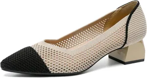 Women's Knit Mesh Block Heel Pumps Pointed Closed Toe Fashion Splicing Slip-On Pumps Outdoor Office Party Dress Shoes