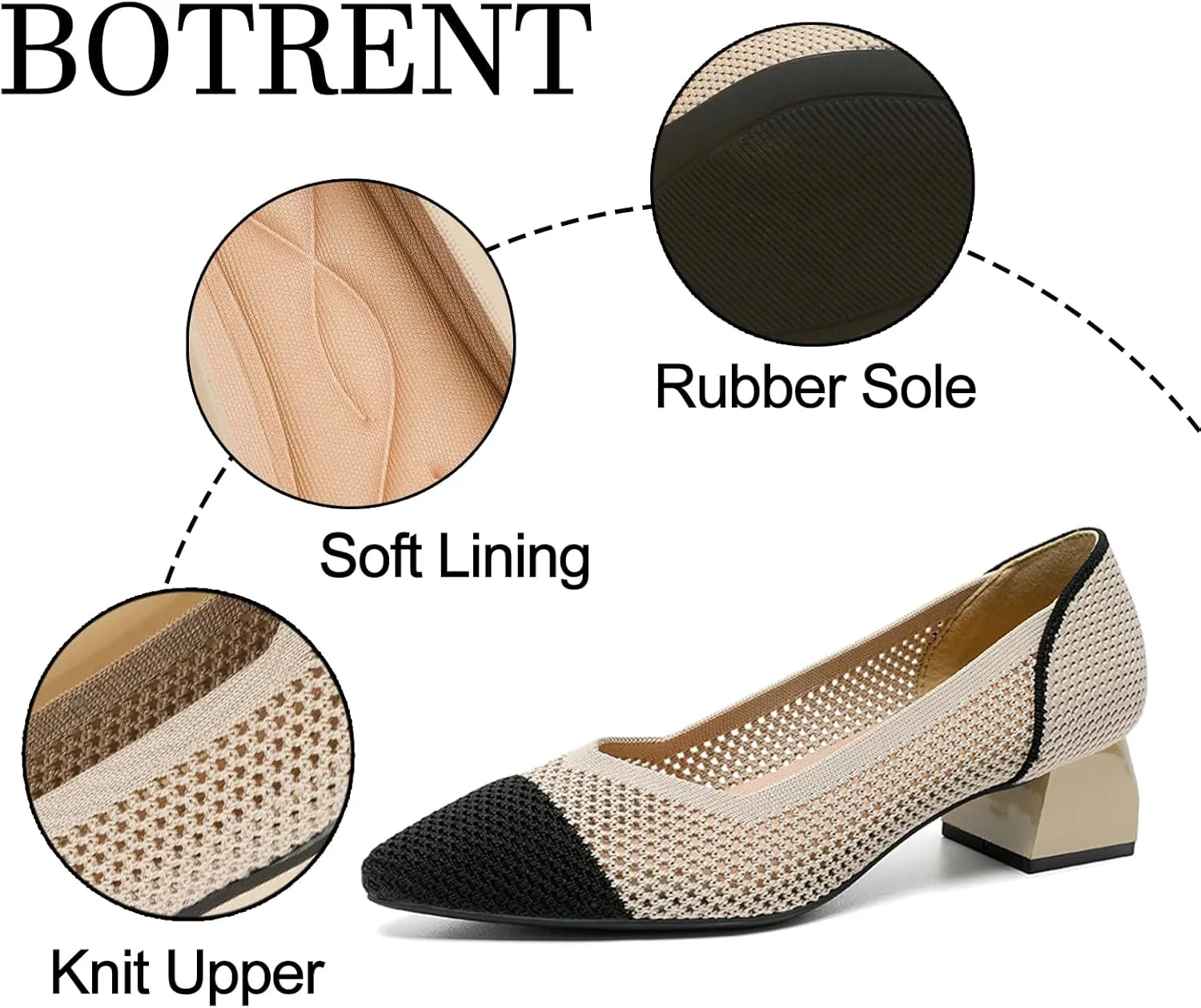 Women's Knit Mesh Block Heel Pumps Pointed Closed Toe Fashion Splicing Slip-On Pumps Outdoor Office Party Dress Shoes
