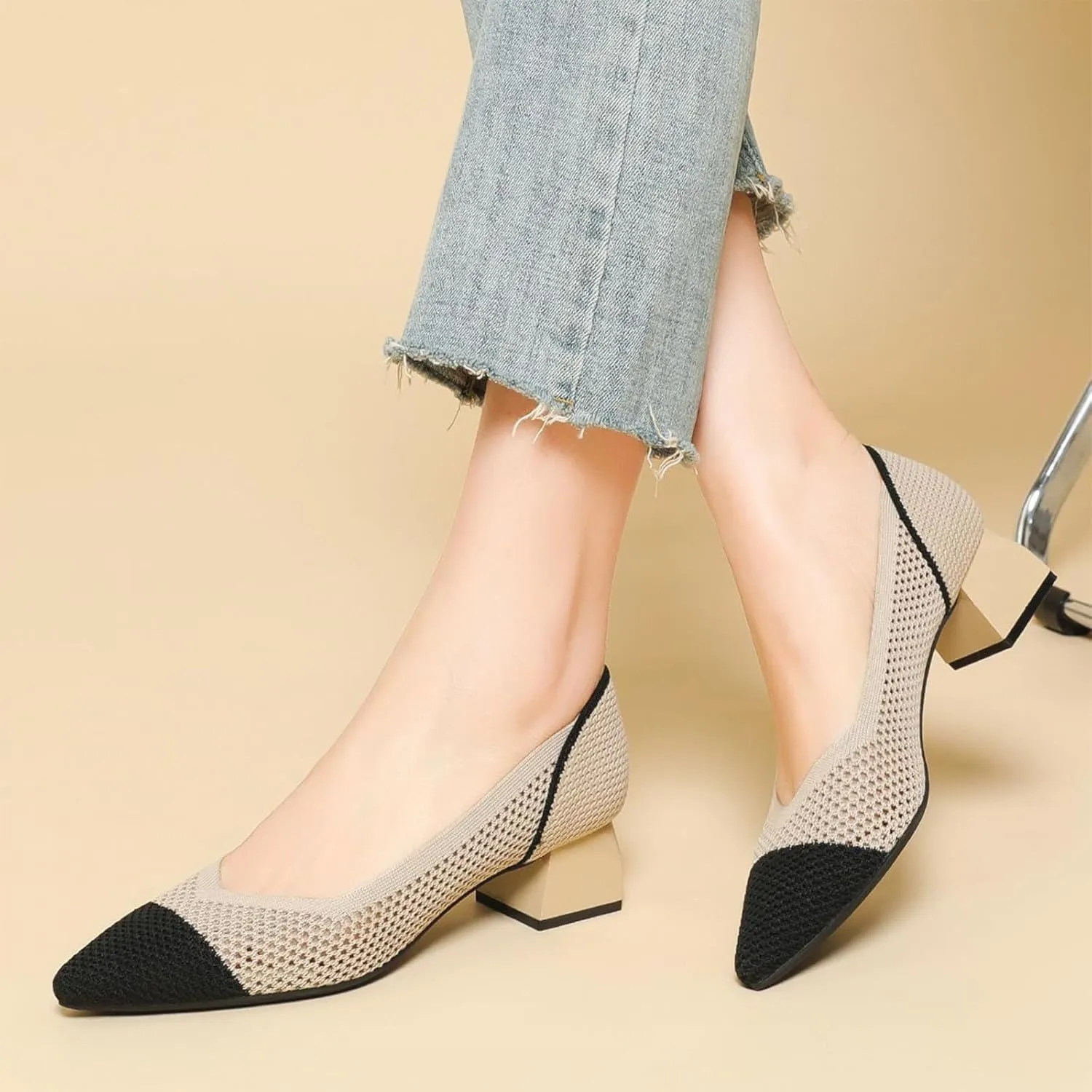 Women's Knit Mesh Block Heel Pumps Pointed Closed Toe Fashion Splicing Slip-On Pumps Outdoor Office Party Dress Shoes