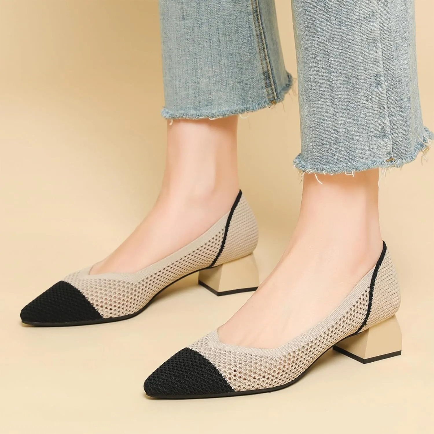 Women's Knit Mesh Block Heel Pumps Pointed Closed Toe Fashion Splicing Slip-On Pumps Outdoor Office Party Dress Shoes