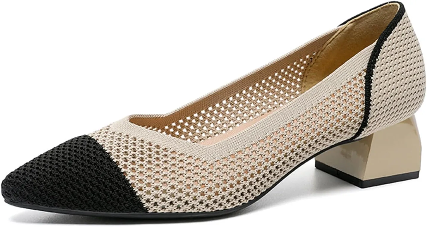 Women's Knit Mesh Block Heel Pumps Pointed Closed Toe Fashion Splicing Slip-On Pumps Outdoor Office Party Dress Shoes