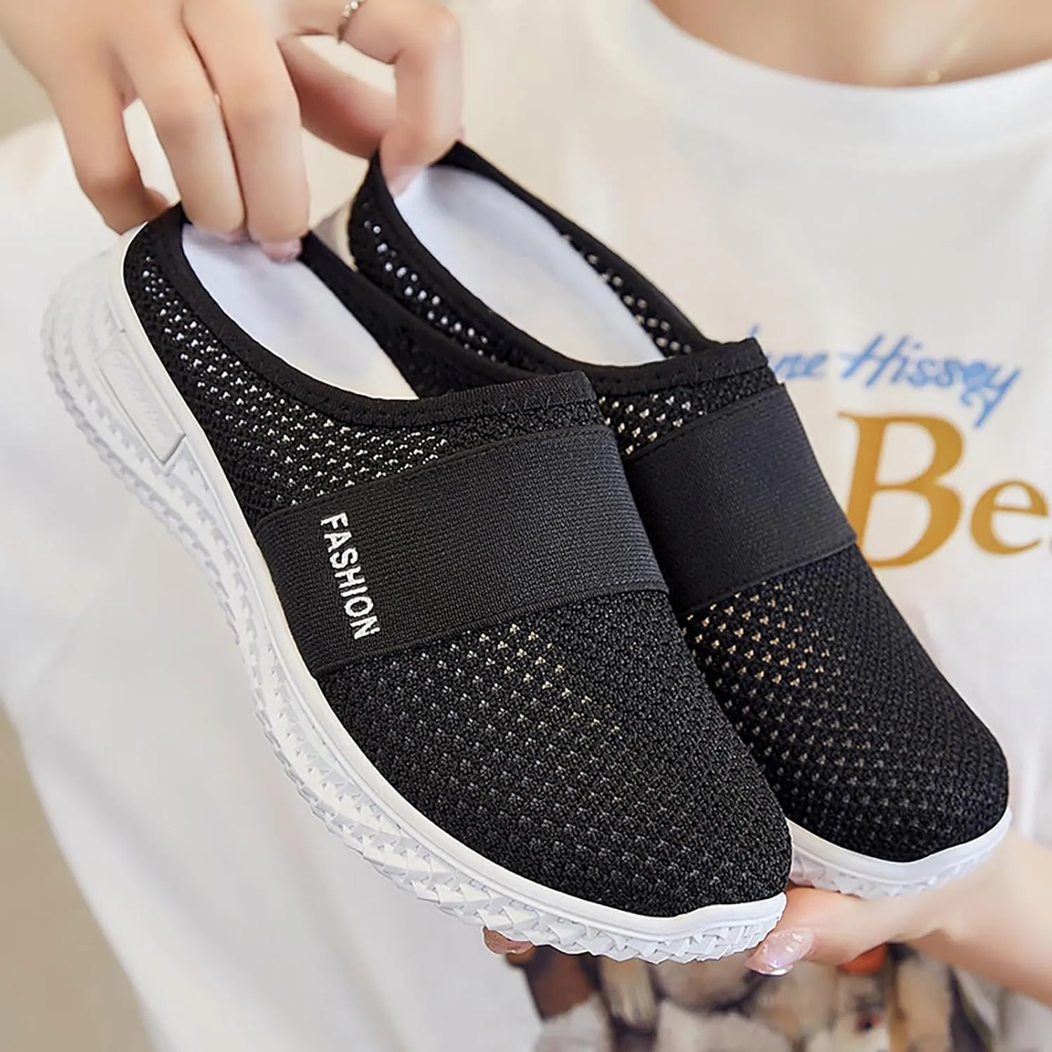 Women's Knitted Mesh Flat Mules,Fashion Backless Breathable Mesh Fabric Non-Slip Soft Soles Comfort Slip-on Outdoor Walking Sneakers Slippers