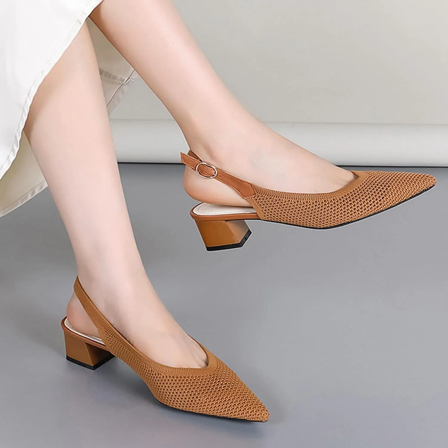 Women's Knitted Mesh Slingback Chunky Low Heels Sandals Summer Breathable Closed Pointed Toe Adjustable Strap Slip On Anti-Slip Block Heel Fashion Dress Party Pumps for Wedding Prom
