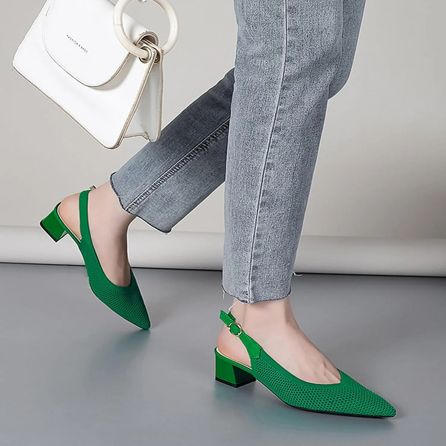 Women's Knitted Mesh Slingback Chunky Low Heels Sandals Summer Breathable Closed Pointed Toe Adjustable Strap Slip On Anti-Slip Block Heel Fashion Dress Party Pumps for Wedding Prom