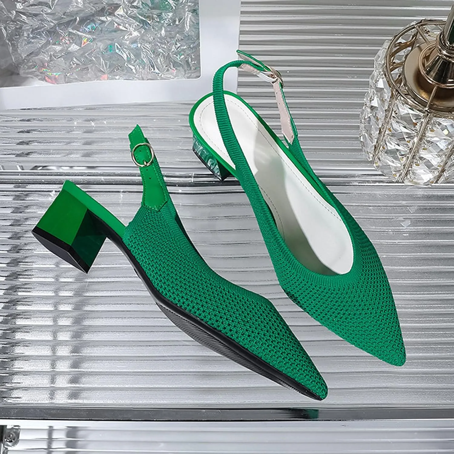 Women's Knitted Mesh Slingback Chunky Low Heels Sandals Summer Breathable Closed Pointed Toe Adjustable Strap Slip On Anti-Slip Block Heel Fashion Dress Party Pumps for Wedding Prom