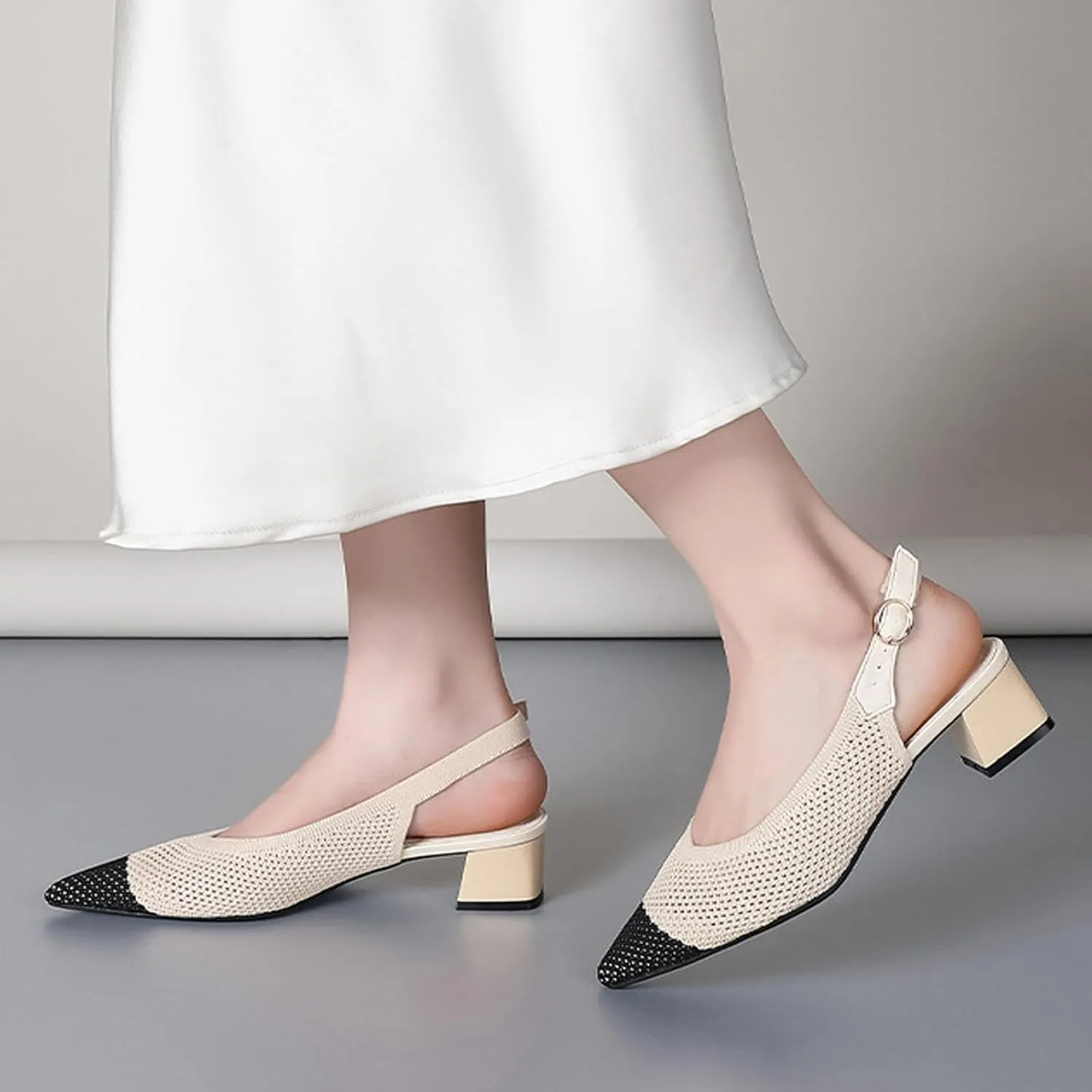 Women's Knitted Mesh Slingback Chunky Low Heels Sandals Summer Breathable Closed Pointed Toe Adjustable Strap Slip On Anti-Slip Block Heel Fashion Dress Party Pumps for Wedding Prom