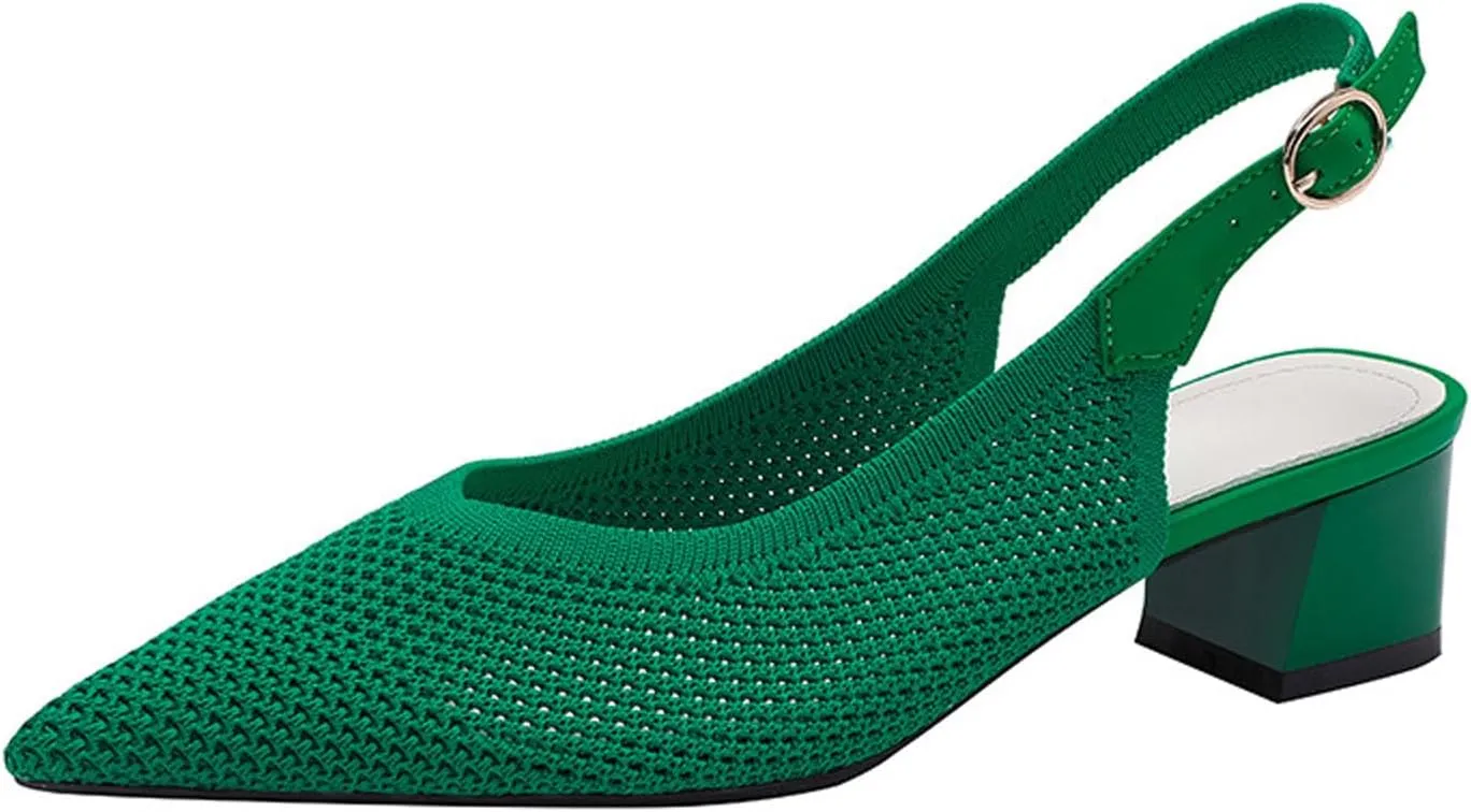 Women's Knitted Mesh Slingback Chunky Low Heels Sandals Summer Breathable Closed Pointed Toe Adjustable Strap Slip On Anti-Slip Block Heel Fashion Dress Party Pumps for Wedding Prom