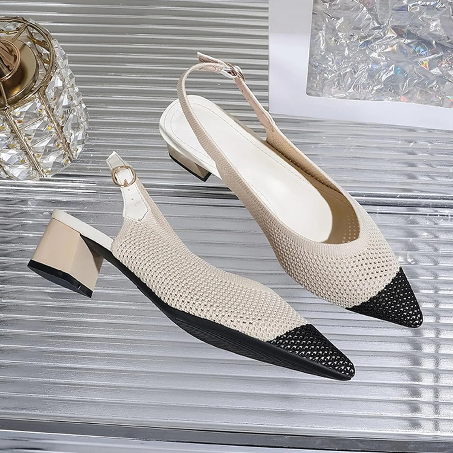 Women's Knitted Mesh Slingback Chunky Low Heels Sandals Summer Breathable Closed Pointed Toe Adjustable Strap Slip On Anti-Slip Block Heel Fashion Dress Party Pumps for Wedding Prom