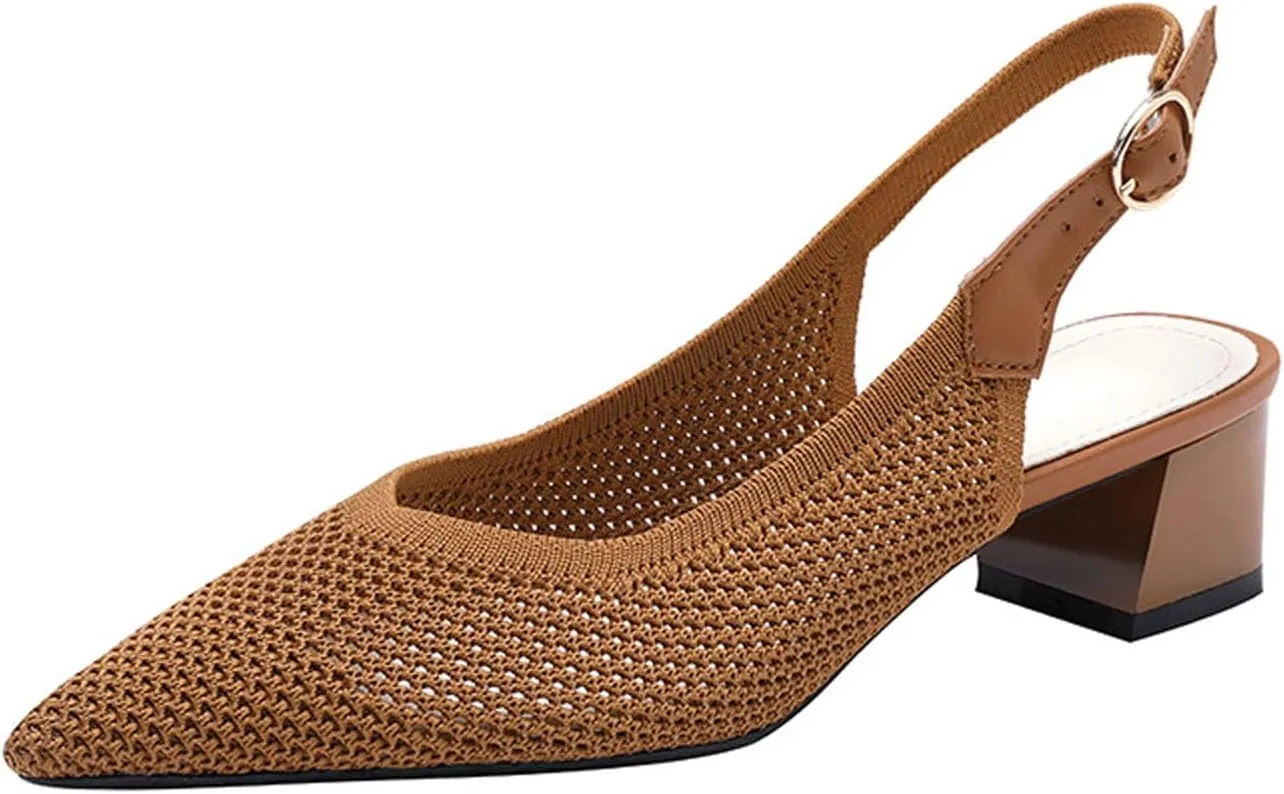 Women's Knitted Mesh Slingback Chunky Low Heels Sandals Summer Breathable Closed Pointed Toe Adjustable Strap Slip On Anti-Slip Block Heel Fashion Dress Party Pumps for Wedding Prom