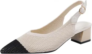 Women's Knitted Mesh Slingback Chunky Low Heels Sandals Summer Breathable Closed Pointed Toe Adjustable Strap Slip On Anti-Slip Block Heel Fashion Dress Party Pumps for Wedding Prom
