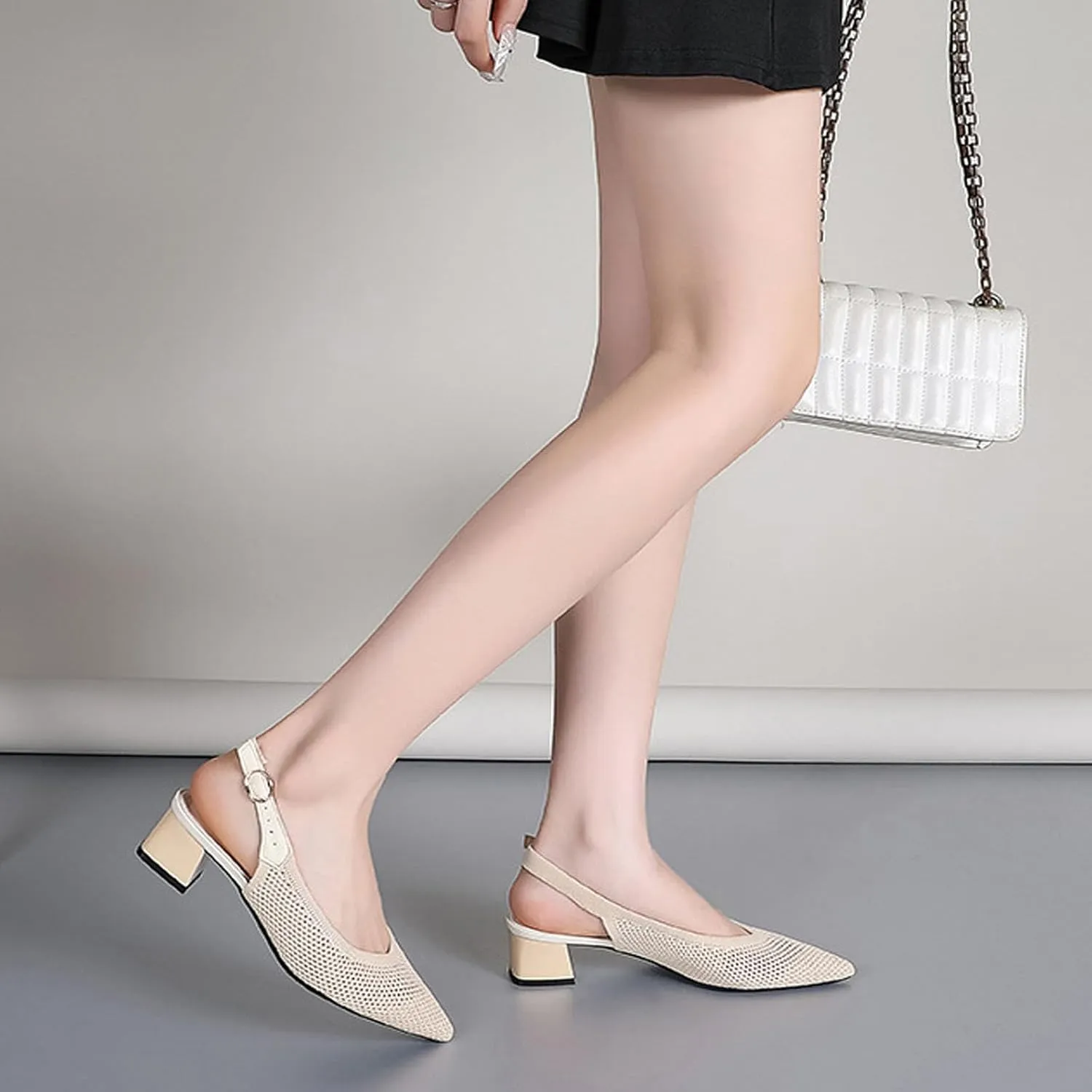 Women's Knitted Mesh Slingback Chunky Low Heels Sandals Summer Breathable Closed Pointed Toe Adjustable Strap Slip On Anti-Slip Block Heel Fashion Dress Party Pumps for Wedding Prom