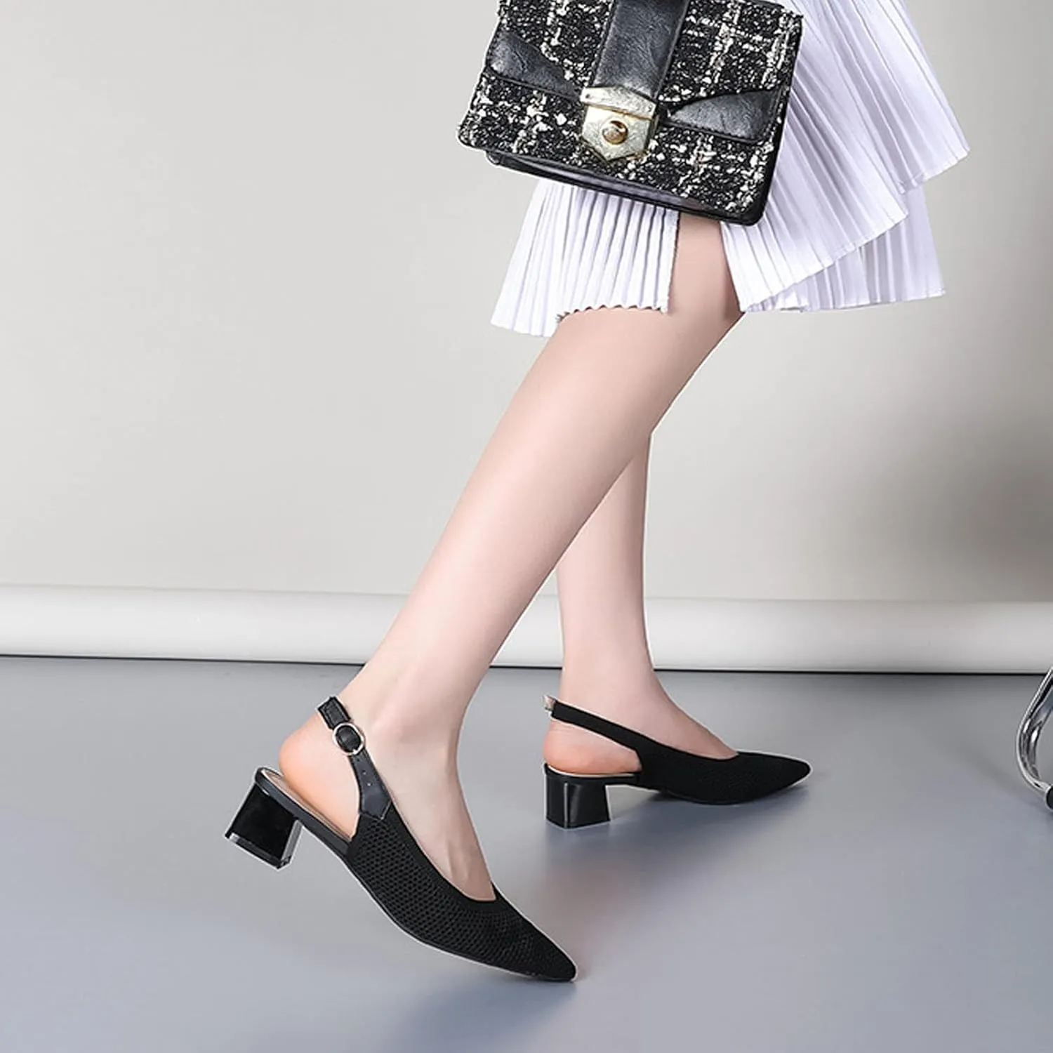 Women's Knitted Mesh Slingback Chunky Low Heels Sandals Summer Breathable Closed Pointed Toe Adjustable Strap Slip On Anti-Slip Block Heel Fashion Dress Party Pumps for Wedding Prom