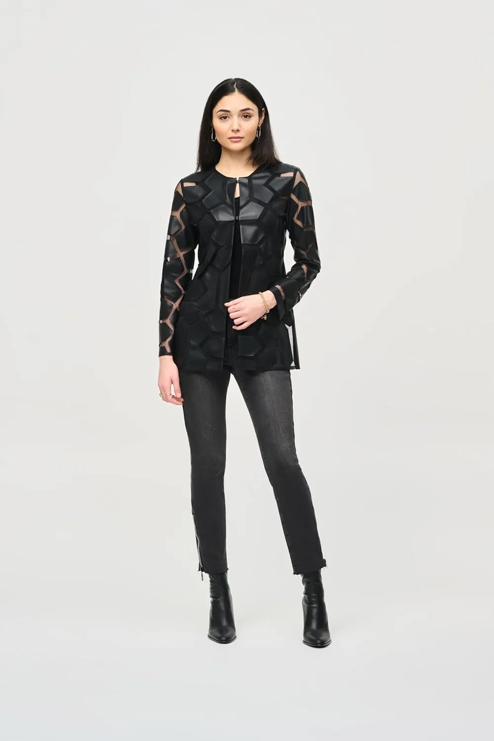 Women's Laser-Cut Leatherette on Mesh Jacket