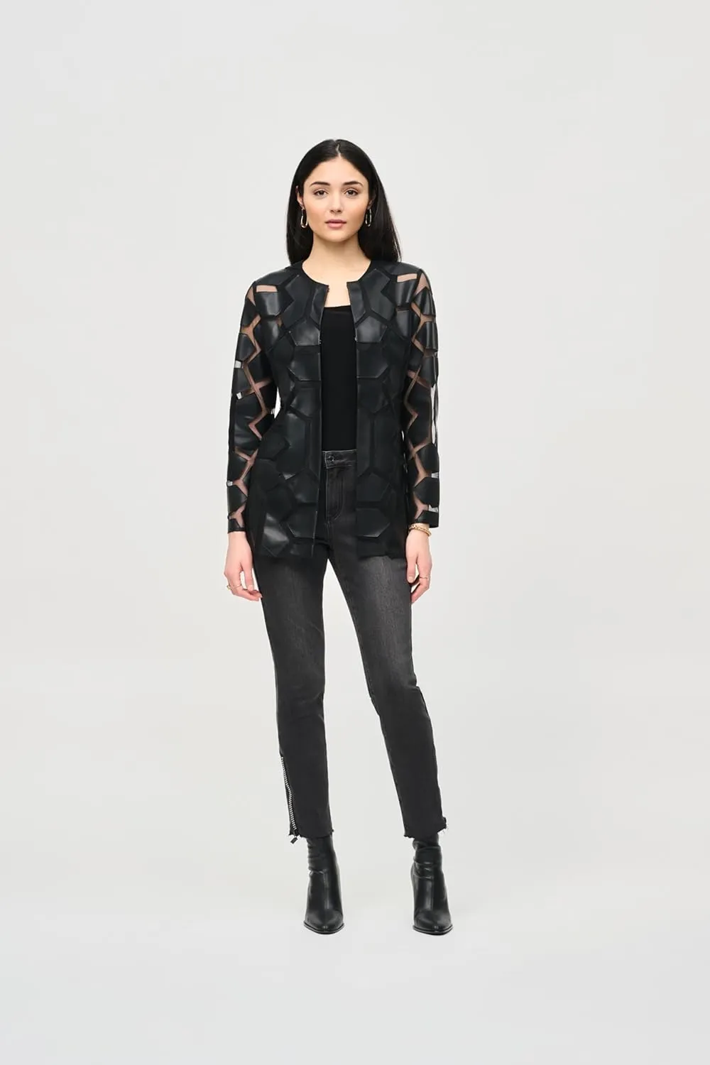 Women's Laser-Cut Leatherette on Mesh Jacket