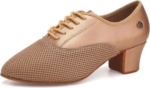 Women's Latin Dance Shoes Closed Toe Lace Up Salsa Teaching Ballroom Practice Dancing Shoes,RY-JTWX-Suede Sole-2" Heel,Tan,US 7.5