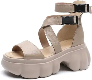 Women's Leather Peep Toe Ankle Booties - 6cm Platform Wedge Summer Buckle Flats