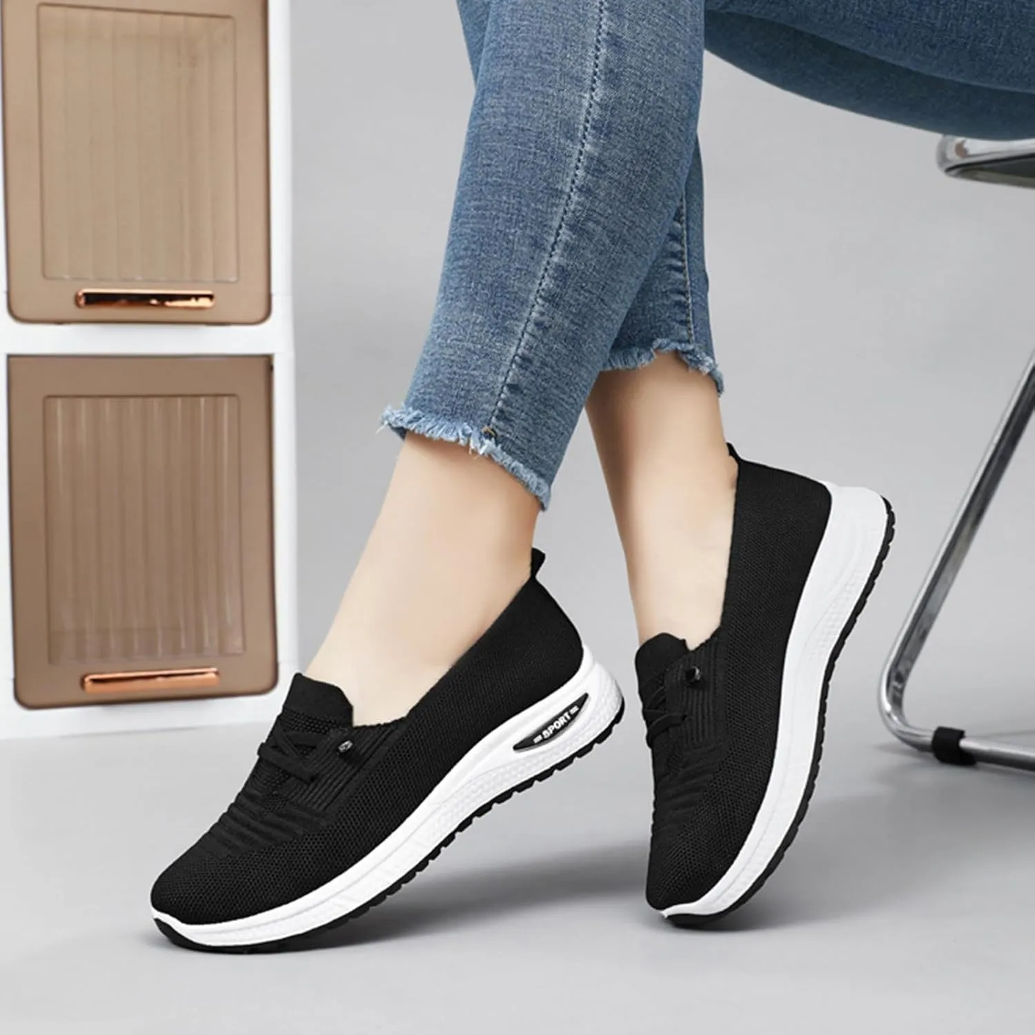 Women's Mesh Knitted Slip-On Casual Loafers,Lightweight Breathable Non-Slip Lace Up Soft Sole Orthopedic Sneakers,for Comfort Driving Walking Shoes