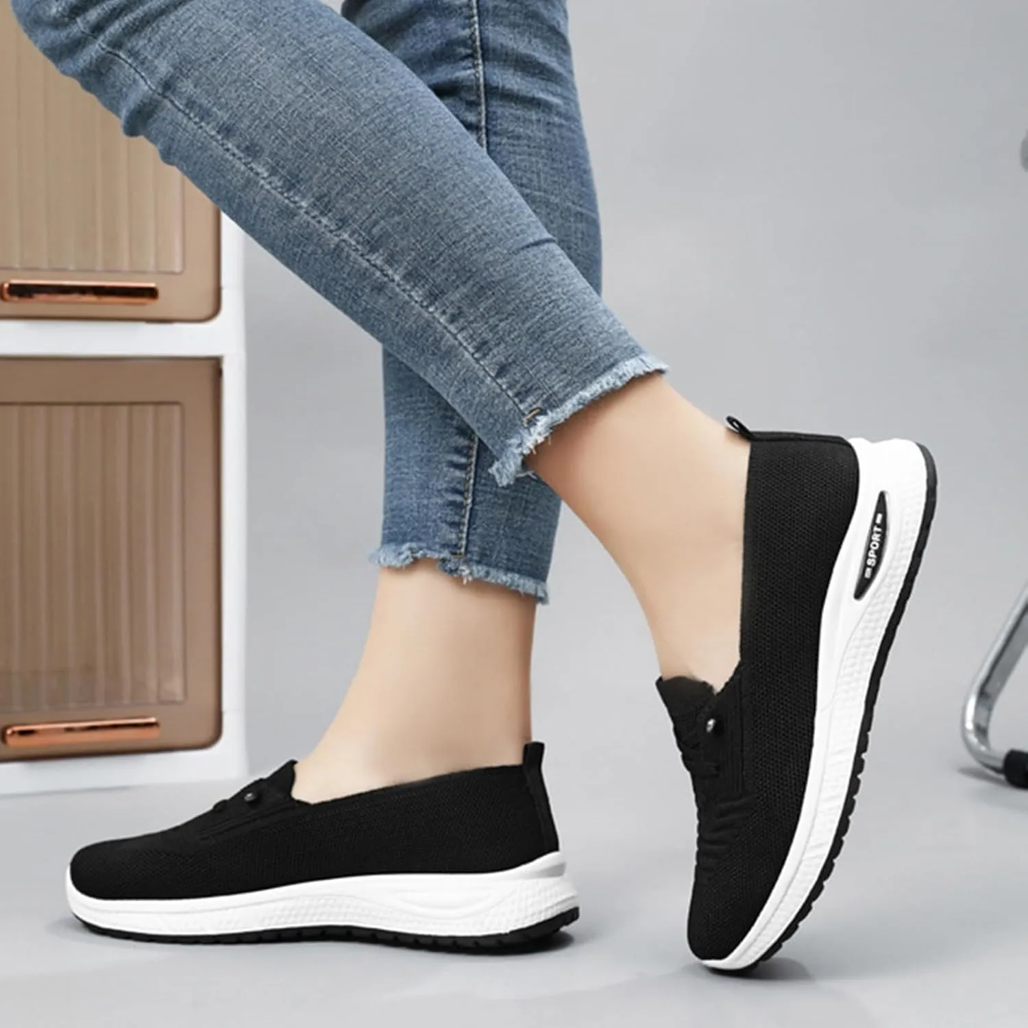 Women's Mesh Knitted Slip-On Casual Loafers,Lightweight Breathable Non-Slip Lace Up Soft Sole Orthopedic Sneakers,for Comfort Driving Walking Shoes