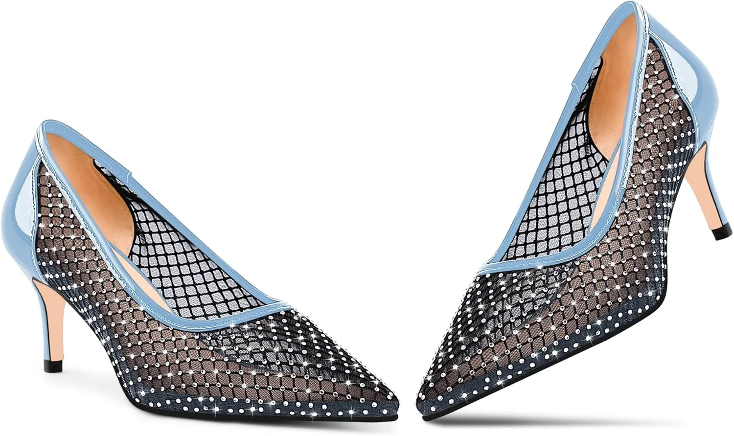 Women's Mesh Pointed Toe Stiletto Heel Pumps Rhinestone Slip On Wedding Party Dress Shoes