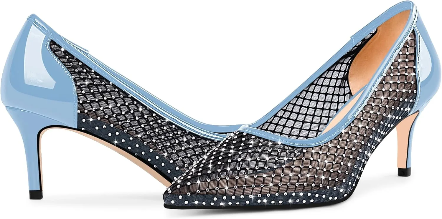 Women's Mesh Pointed Toe Stiletto Heel Pumps Rhinestone Slip On Wedding Party Dress Shoes