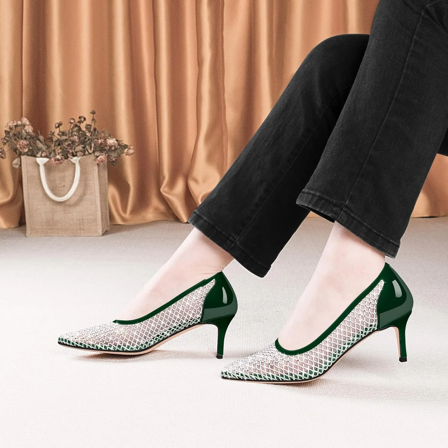 Women's Mesh Pointed Toe Stiletto Heel Pumps Rhinestone Slip On Wedding Party Dress Shoes
