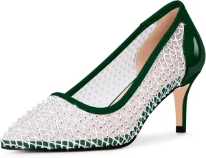 Women's Mesh Pointed Toe Stiletto Heel Pumps Rhinestone Slip On Wedding Party Dress Shoes