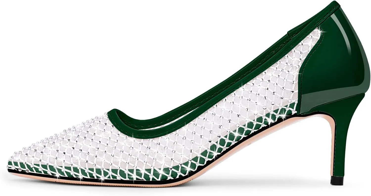Women's Mesh Pointed Toe Stiletto Heel Pumps Rhinestone Slip On Wedding Party Dress Shoes