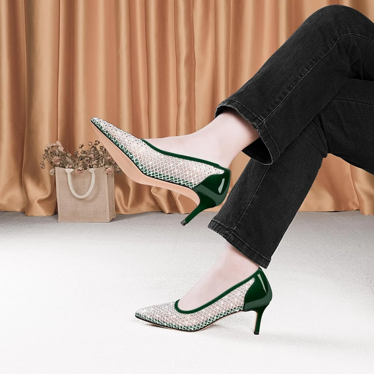 Women's Mesh Pointed Toe Stiletto Heel Pumps Rhinestone Slip On Wedding Party Dress Shoes