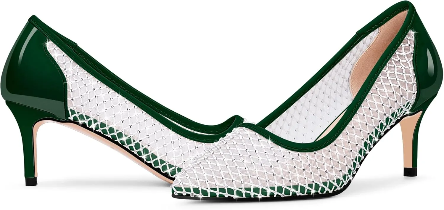 Women's Mesh Pointed Toe Stiletto Heel Pumps Rhinestone Slip On Wedding Party Dress Shoes