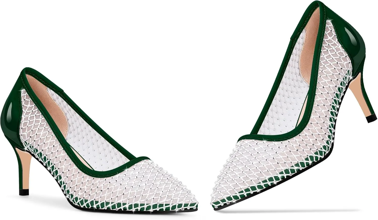 Women's Mesh Pointed Toe Stiletto Heel Pumps Rhinestone Slip On Wedding Party Dress Shoes