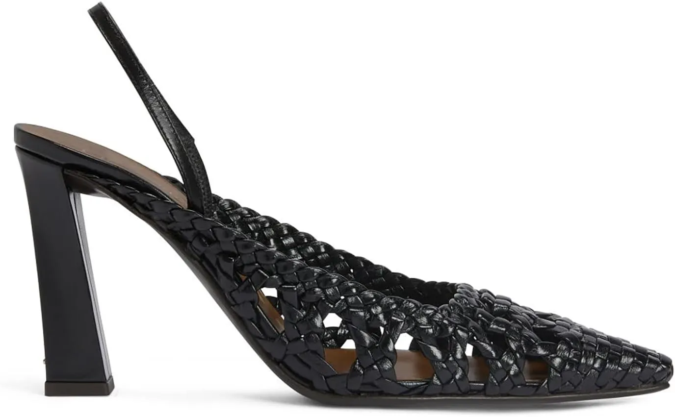Women's Mesh Woven Slingback Heels with Backstrap, Square Closed Toe Slip On Chunky High Heel Pumps for Evening Bridal Party Dress Shoes