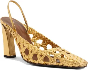 Women's Mesh Woven Slingback Heels with Backstrap, Square Closed Toe Slip On Chunky High Heel Pumps for Evening Bridal Party Dress Shoes