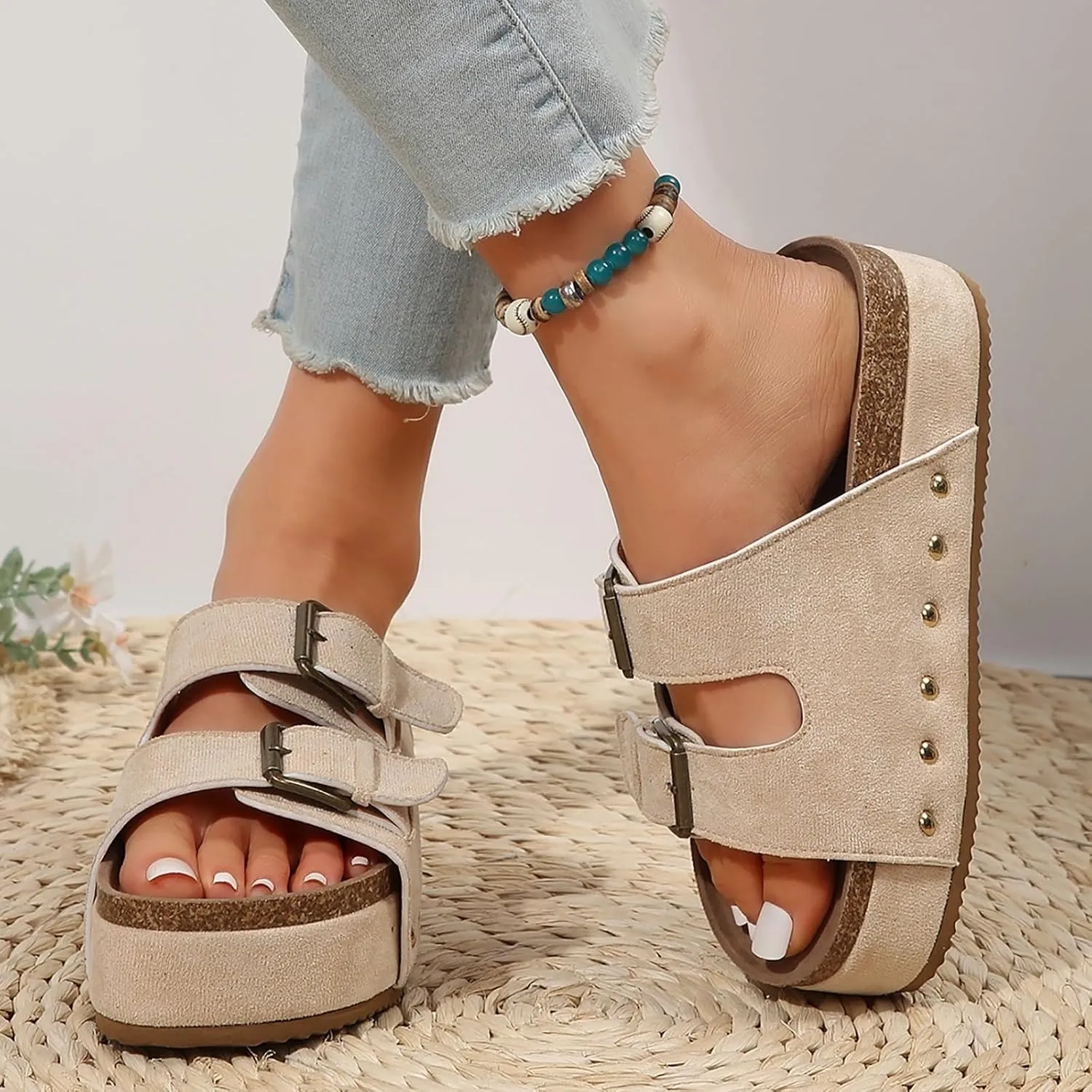Women's Platform Slides Sandals,Comfortable Chunky Platform Slides for Women Double Buckle Adjustable Open Toe Slip On Summer Sandals