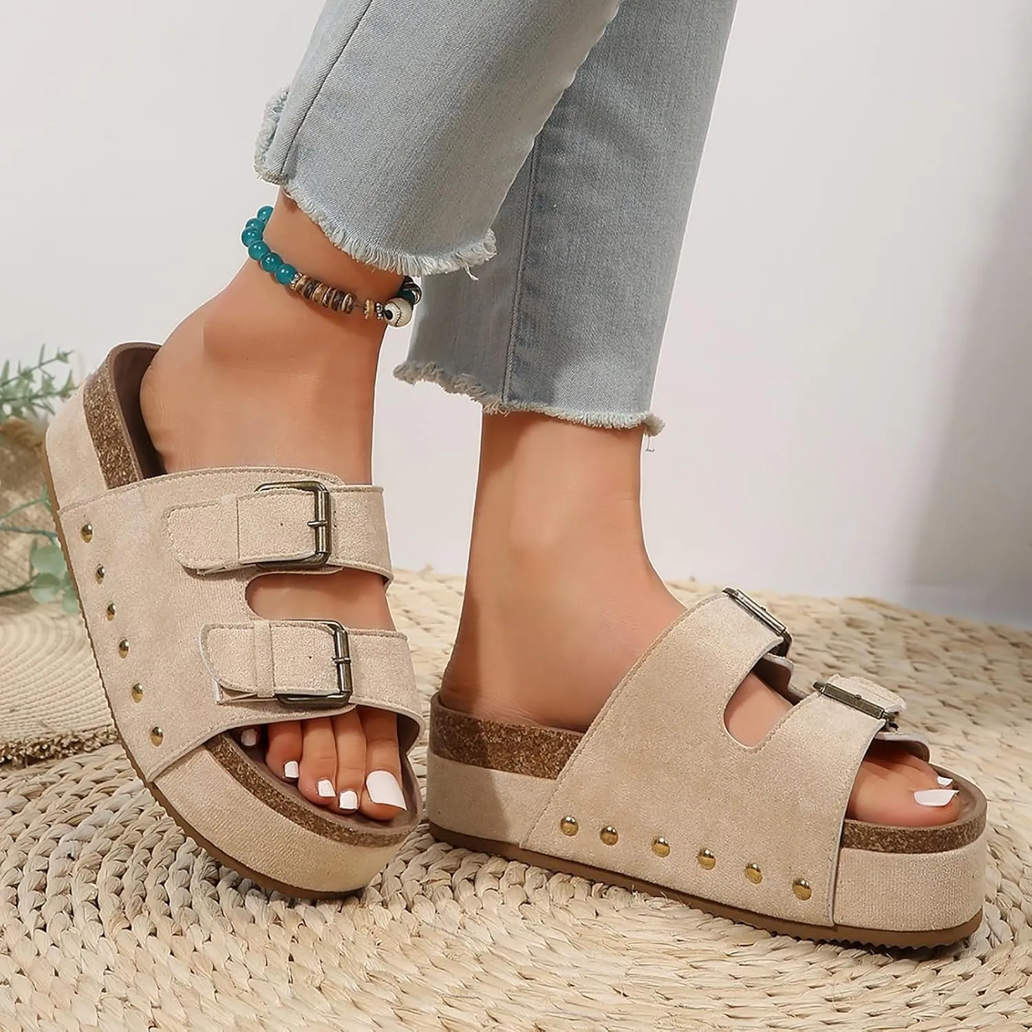 Women's Platform Slides Sandals,Comfortable Chunky Platform Slides for Women Double Buckle Adjustable Open Toe Slip On Summer Sandals