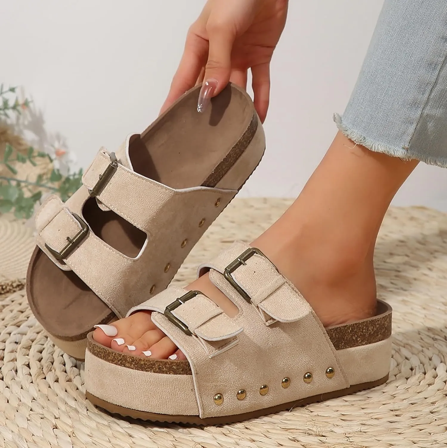 Women's Platform Slides Sandals,Comfortable Chunky Platform Slides for Women Double Buckle Adjustable Open Toe Slip On Summer Sandals