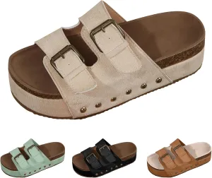 Women's Platform Slides Sandals,Comfortable Chunky Platform Slides for Women Double Buckle Adjustable Open Toe Slip On Summer Sandals