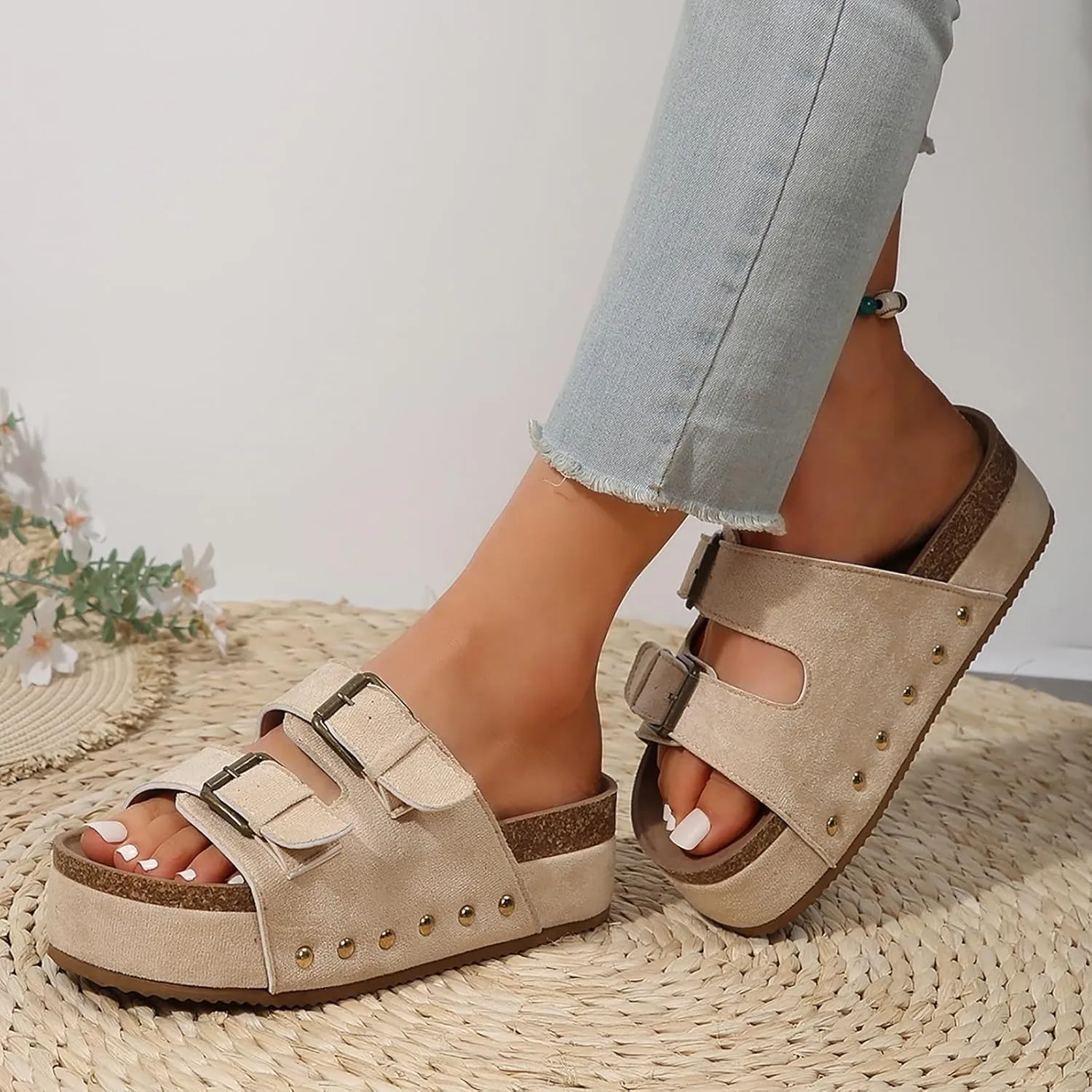 Women's Platform Slides Sandals,Comfortable Chunky Platform Slides for Women Double Buckle Adjustable Open Toe Slip On Summer Sandals
