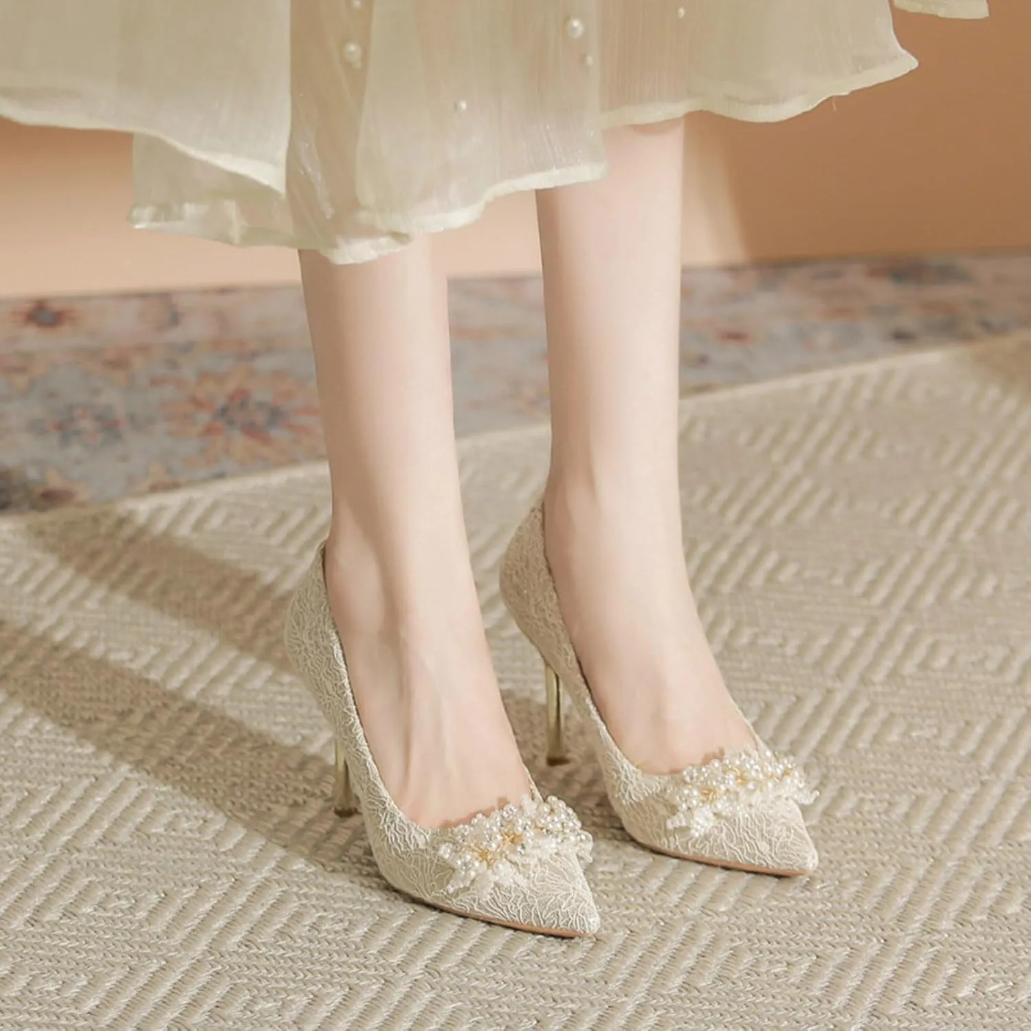 Women's Pointed Closed Toe High Heel Pumps Dressy Pearl Flowers Lace Mesh Bridal Wedding Stilettos Heels Comfort Slip On Party Prom Dress Pumps