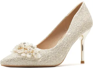 Women's Pointed Closed Toe High Heel Pumps Dressy Pearl Flowers Lace Mesh Bridal Wedding Stilettos Heels Comfort Slip On Party Prom Dress Pumps
