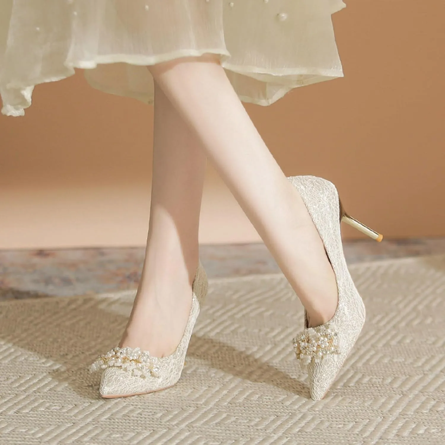 Women's Pointed Closed Toe High Heel Pumps Dressy Pearl Flowers Lace Mesh Bridal Wedding Stilettos Heels Comfort Slip On Party Prom Dress Pumps