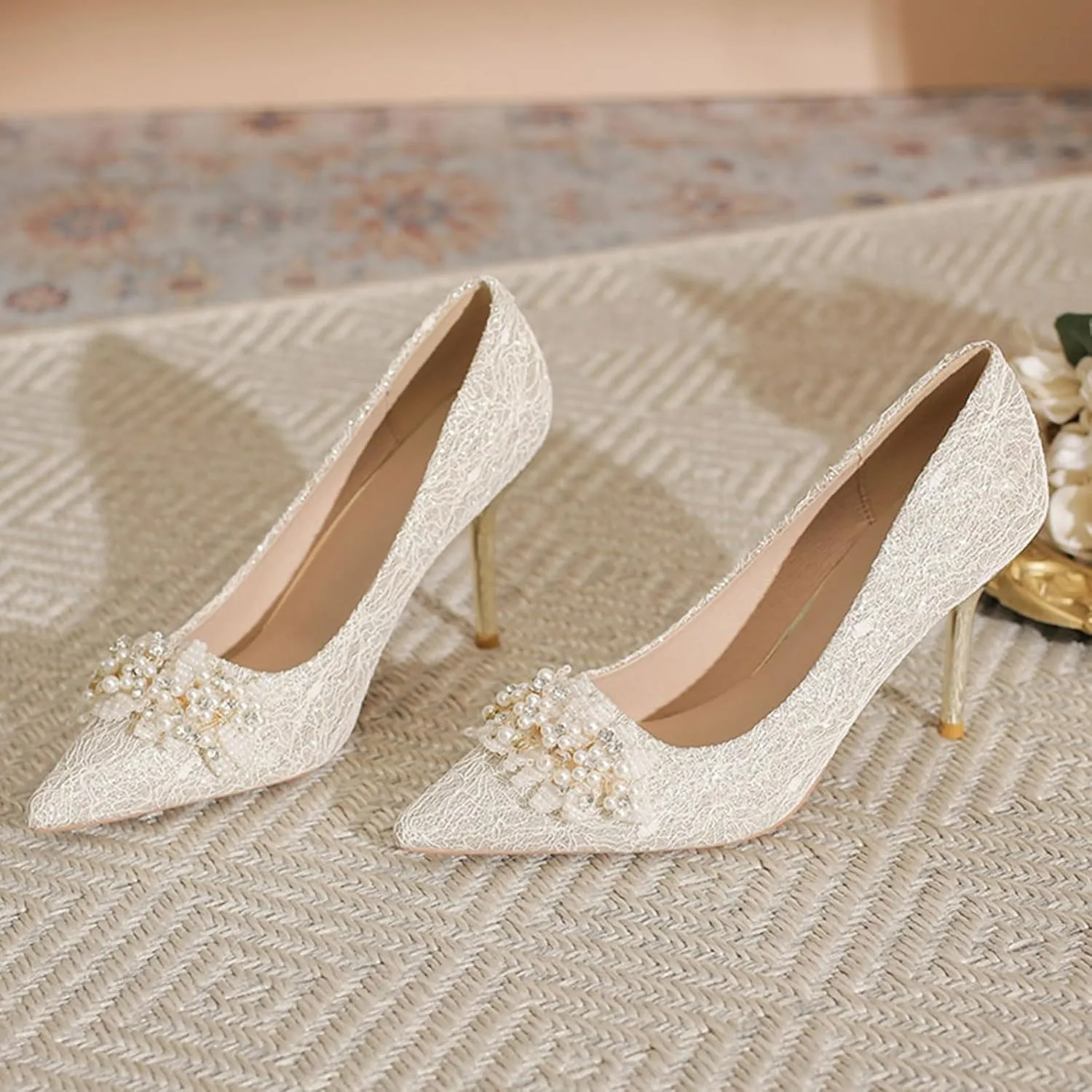 Women's Pointed Closed Toe High Heel Pumps Dressy Pearl Flowers Lace Mesh Bridal Wedding Stilettos Heels Comfort Slip On Party Prom Dress Pumps